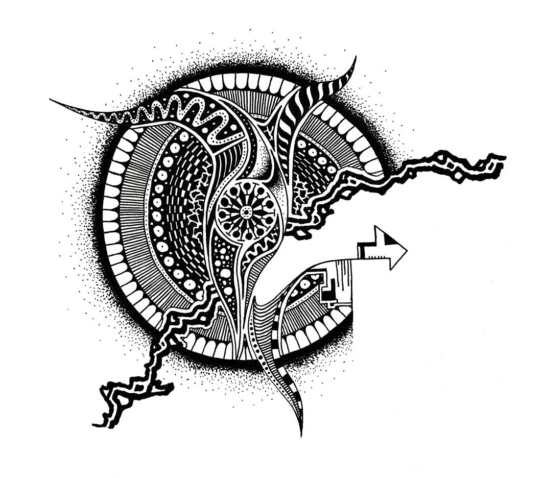An abstract mandala-like drawing made up of several different patterns and shapes, with stippling around the outer edge.