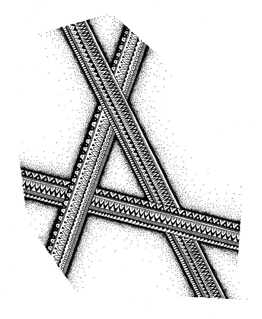 Three intersecting lines in the form of a capital letter "A", each comprising of several patterns with stippling around the outside. The ends of the lines are cut off at different angles.