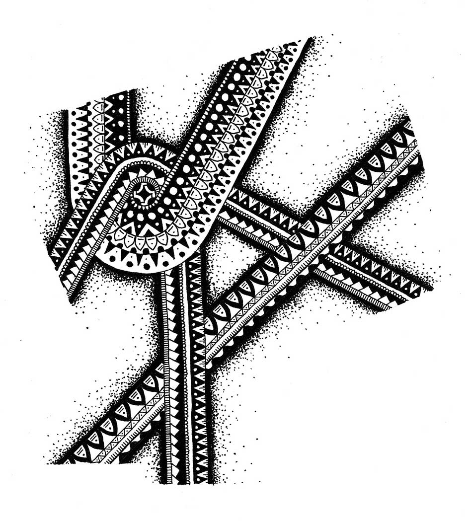 A series of intersecting lines, each comprising of several patterns with stippling around the outside. The ends of the lines are cut off at different angles.