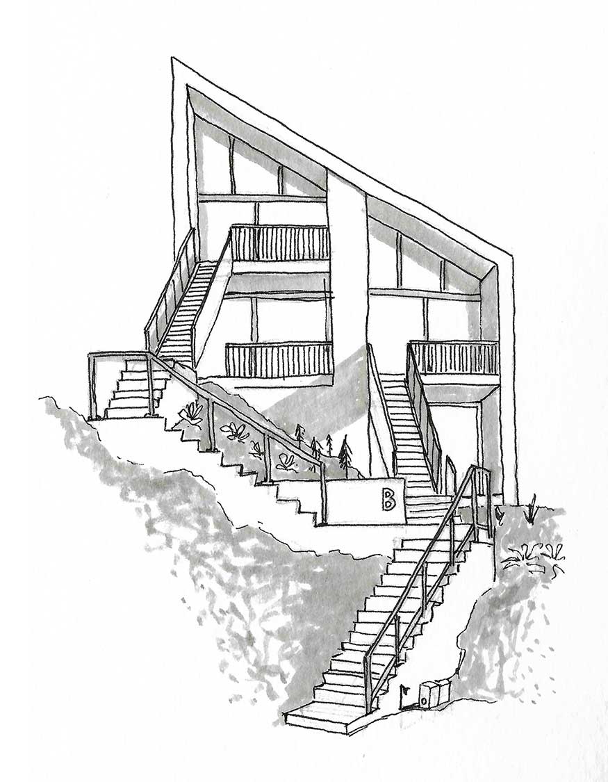 A pen and ink drawing of a modern architectural apartment building. A series of staircases lead up to the entrances of the apartments.