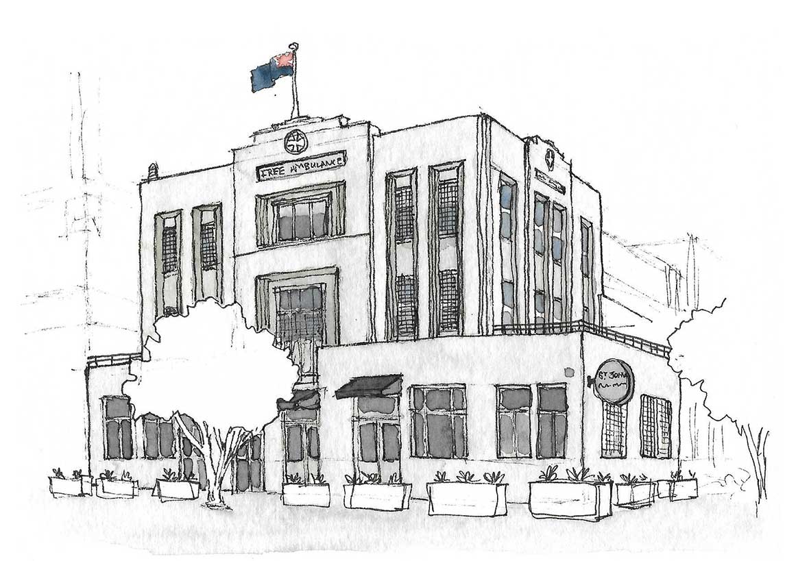 An ink and watercolour drawing of the former Wellington Free Ambulance Building on the Wellington waterfront.