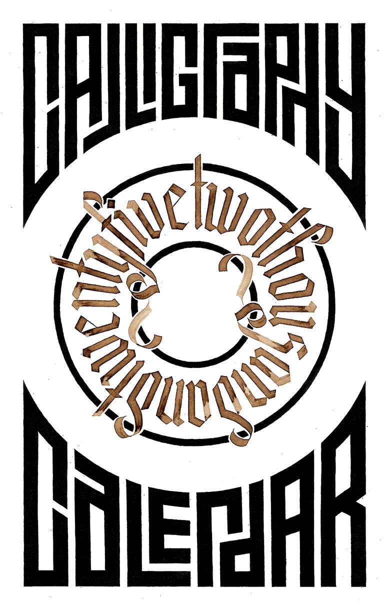 A calendar cover page, with the words "two thousand and twenty five" written in blackletter calligraphy in a circle. Headings "Calligraphy" and "Calendar" are written in block, interlinking letters and sit above and below the circle respectively.