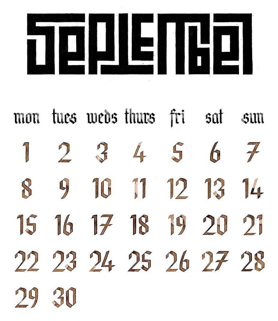 The month of September, with text and numbers written in blue, black and brown ink. The heading "September" is written in block, interlinking letters.