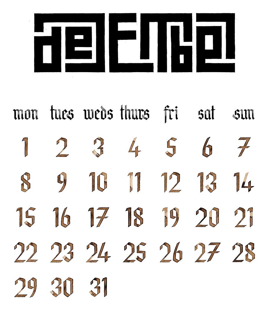 The month of December, with text and numbers written in blue, black and brown ink. The heading "December" is written in block, interlinking letters.