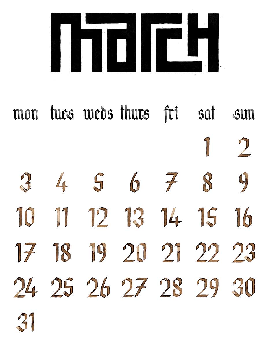 The month of March, with text and numbers written in blue, black and brown ink. The heading "March" is written in block, interlinking letters.