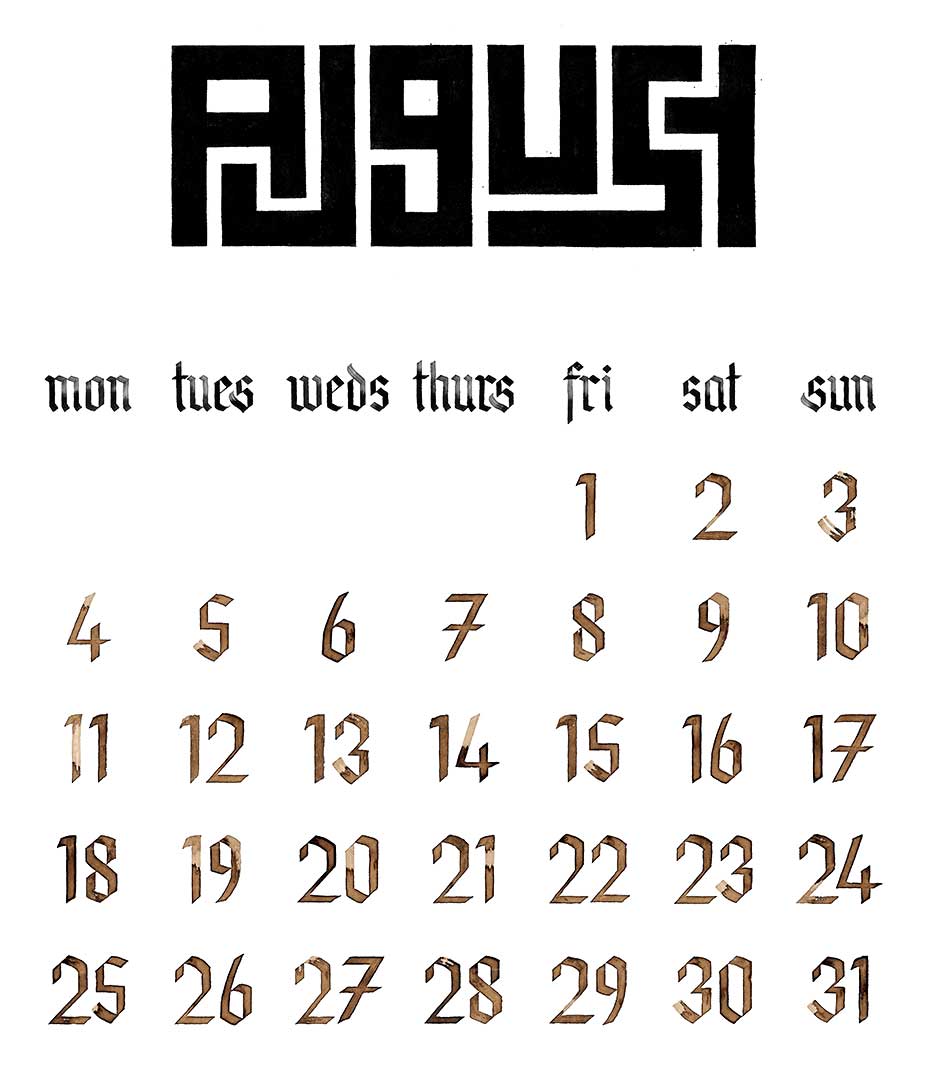 The month of August, with text and numbers written in blue, black and brown ink. The heading "August" is written in block, interlinking letters.