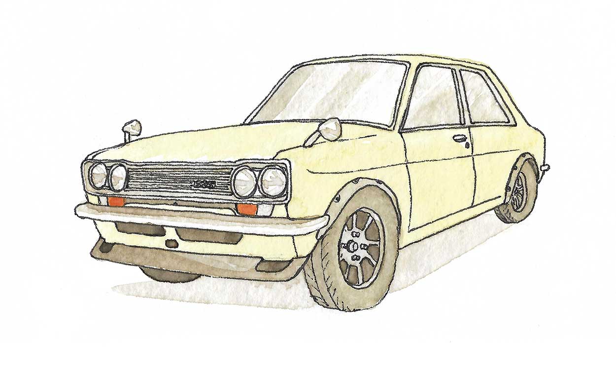 An ink and watercolour drawing of an old yellow car.