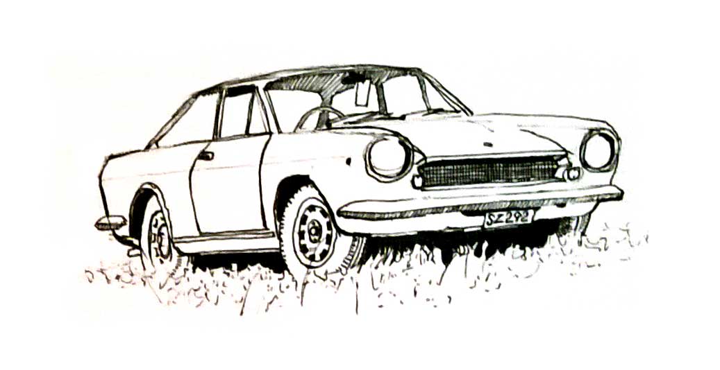 A pen and ink drawing of an old car parked on a patch of grass.