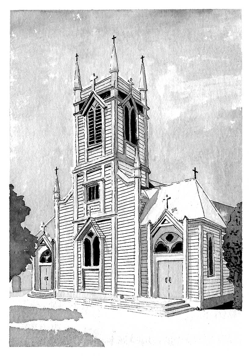 An ink and wash drawing of St Augustine's Church in Petone, Wellington.