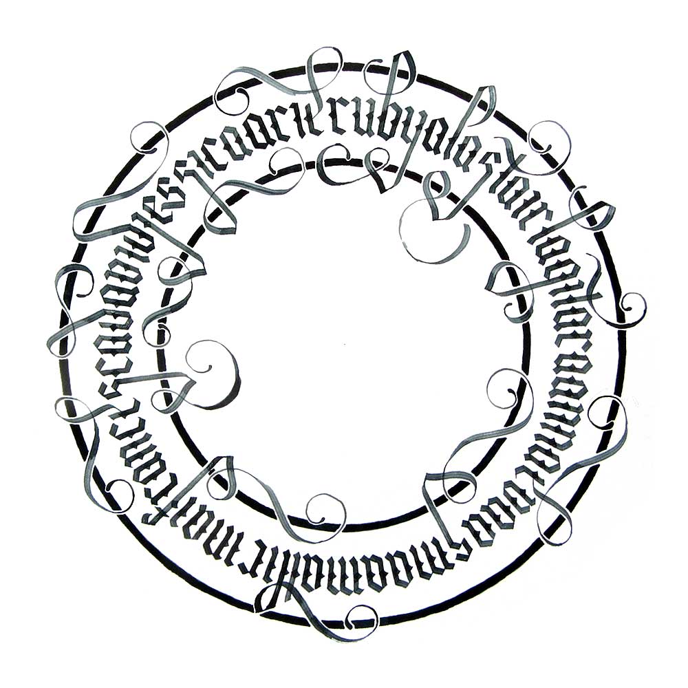 Several names written in blackletter calligraphy in a circle. Solid inner and outer circles have elaborate flourishes looping around them.