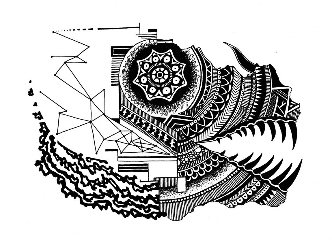 A pen and ink drawing of a dragon head using several different shapes and patterns. The head features a large circular eye and an open mouth with large, sharp teeth.