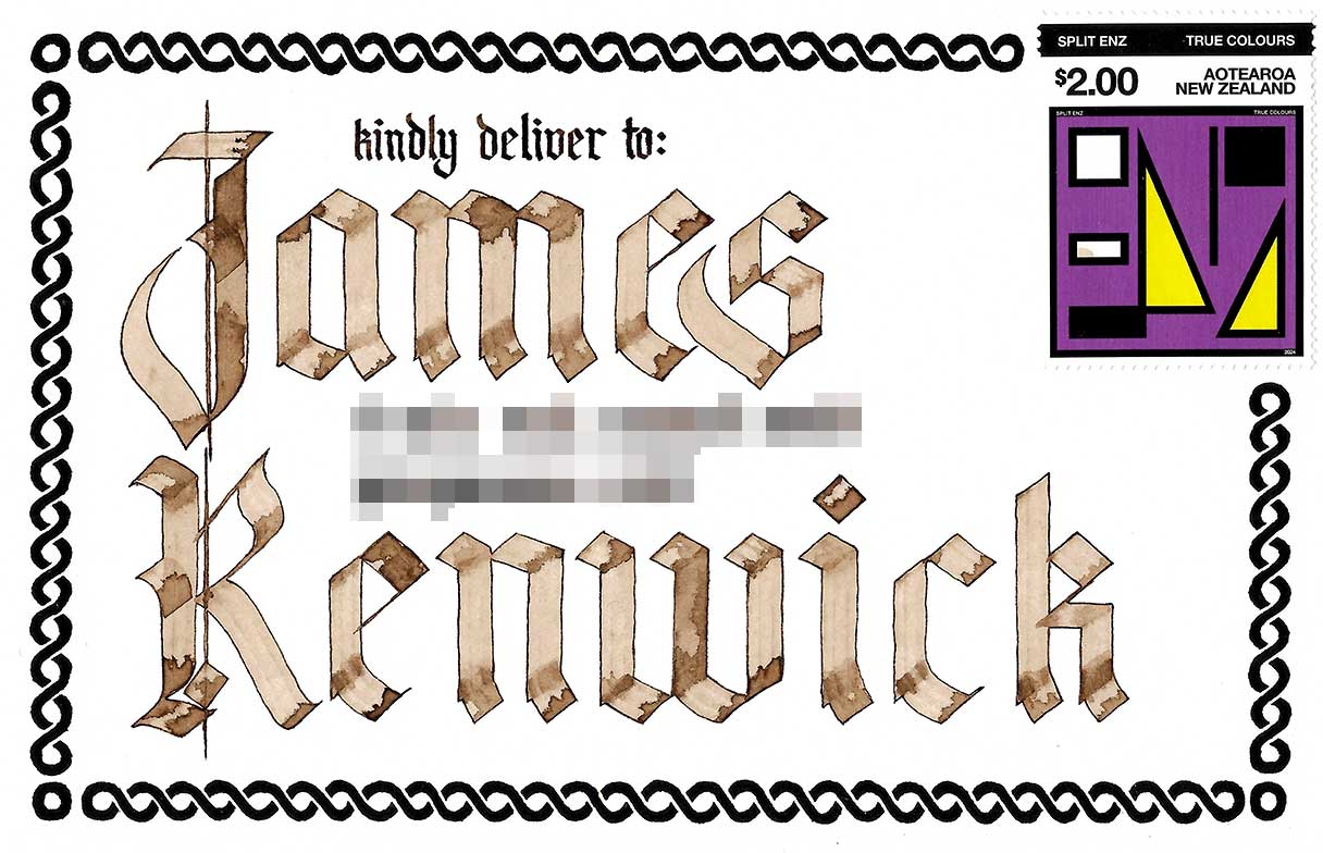 An envelope addressed to James Renwick in large blackletter calligraphy. A simple knotted border runs around the edge, with a purple stamp in the top right corner.