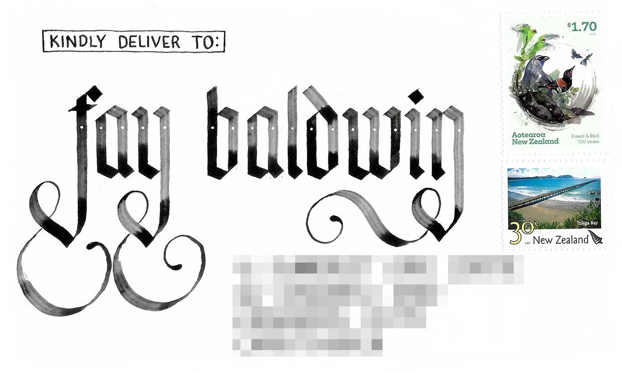 An envelope addressed to Fay Baldwin using blackletter calligraphy.