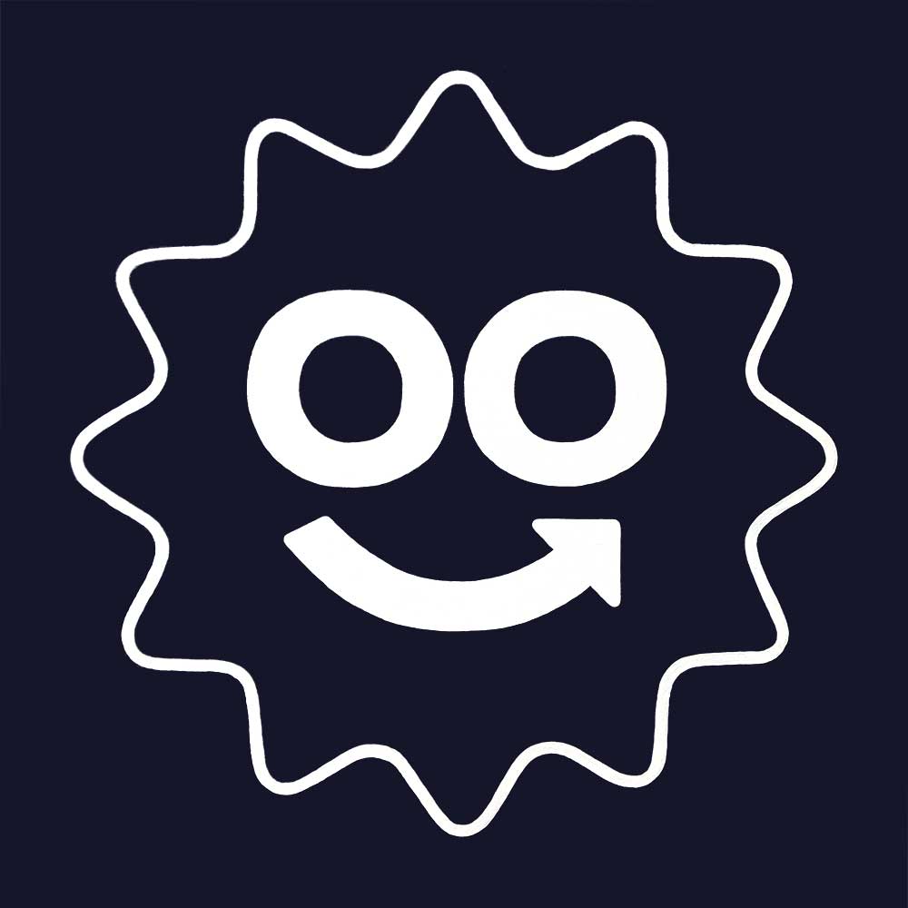 Two large circles and a curved arrow forming a smiley face. The face has a circular border around it.