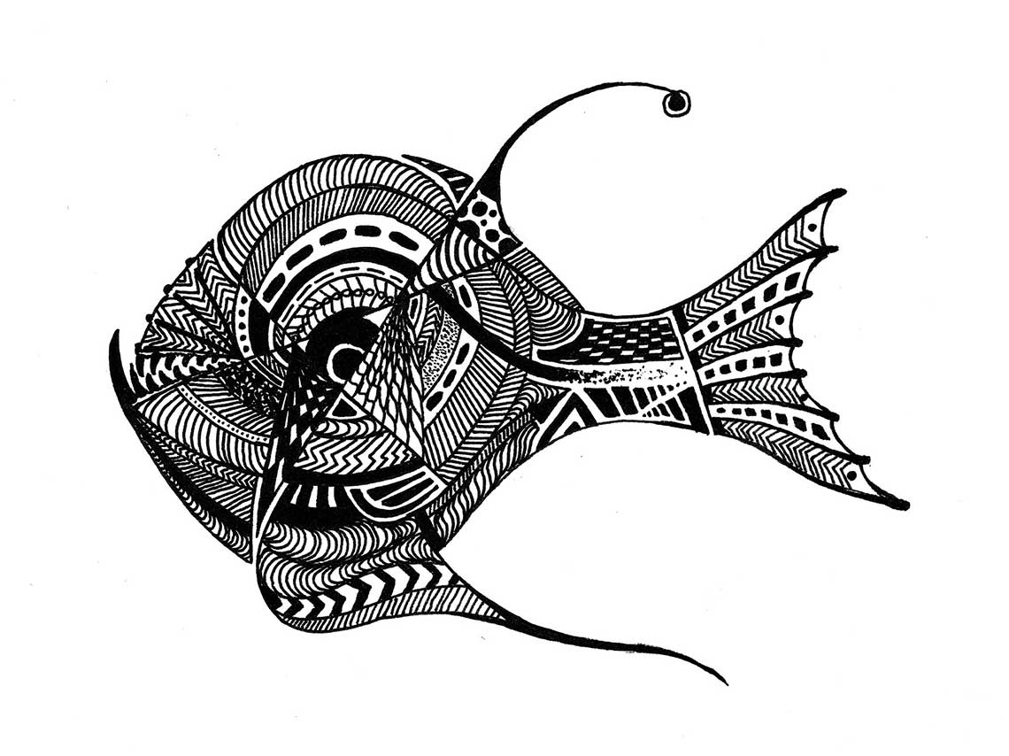 A pen and ink drawing of a fish using many different patterns and shapes.