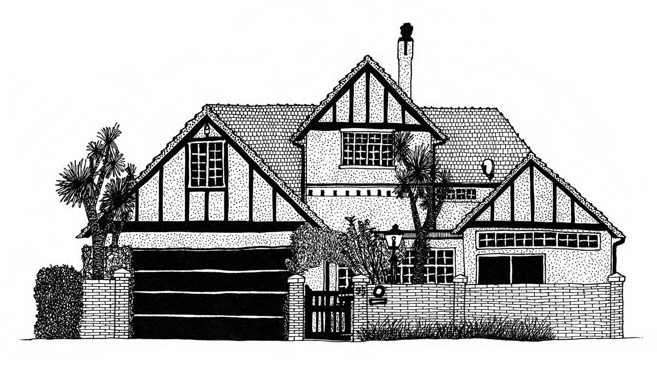 A pen and ink drawing of the front elevation of a suburban house, featuring a brick wall and foliage in the foreground.
