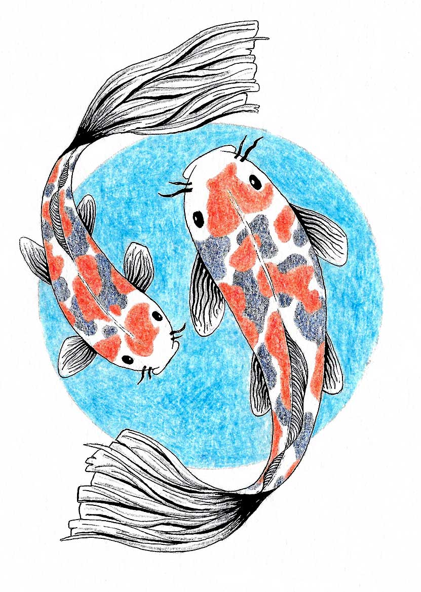 A drawing of two orange and grey spotted fish with a blue circle in the background.