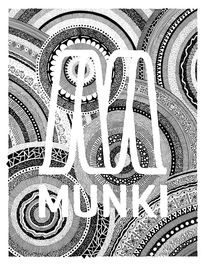 A pen and ink drawing of several large overlapping mandalas, with a waveform logo and the word "munki" over the top.