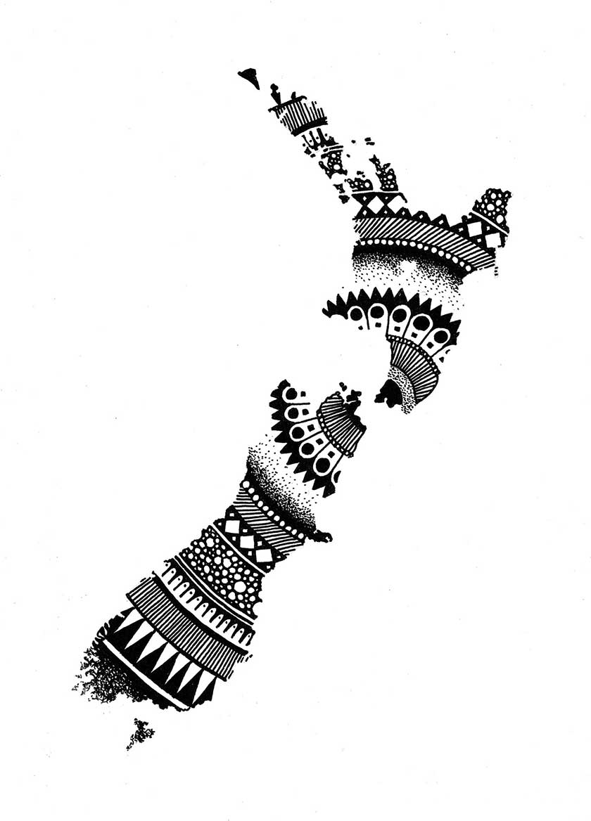 A pen and ink drawing of New Zealand, with circular patterns centred around Wellington.