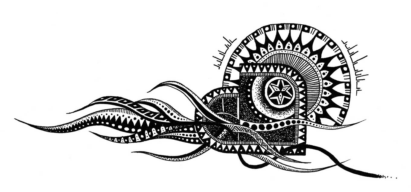 An abstract pen and ink drawing of a sea creature, with wavey tentacles on the left and a large circular body on the right.