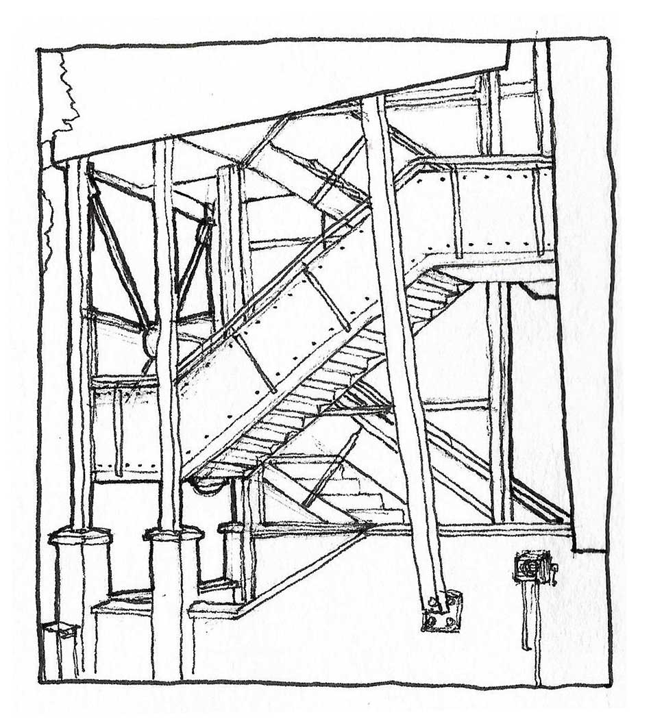 A pen and ink drawing of a staircase in a roughly square box.