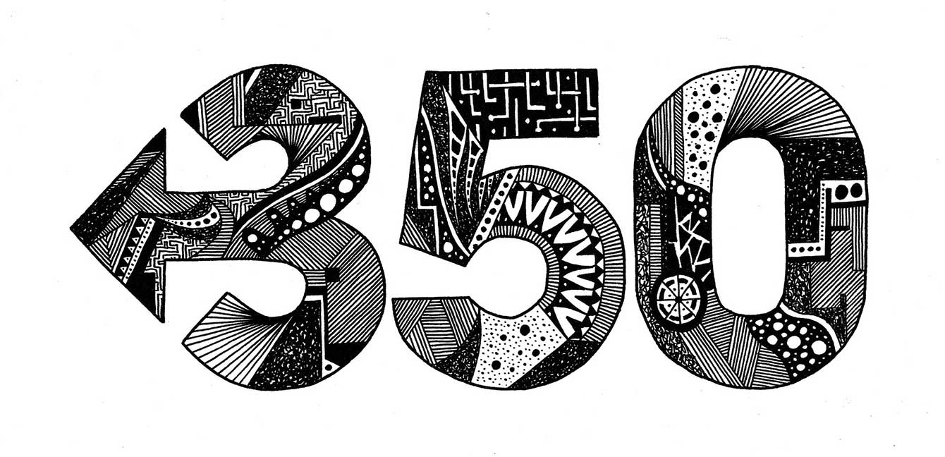 A pen and ink drawing of the numbers "350", using many different patterns and shapes.