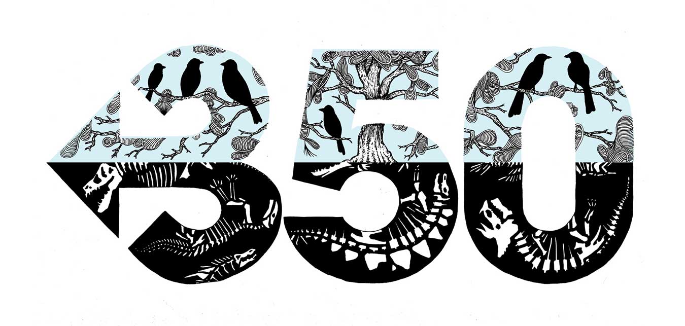 A multi-media image of the numbers "350", with dinosaur fossils on the bottom half and birds in a large tree on the top half.