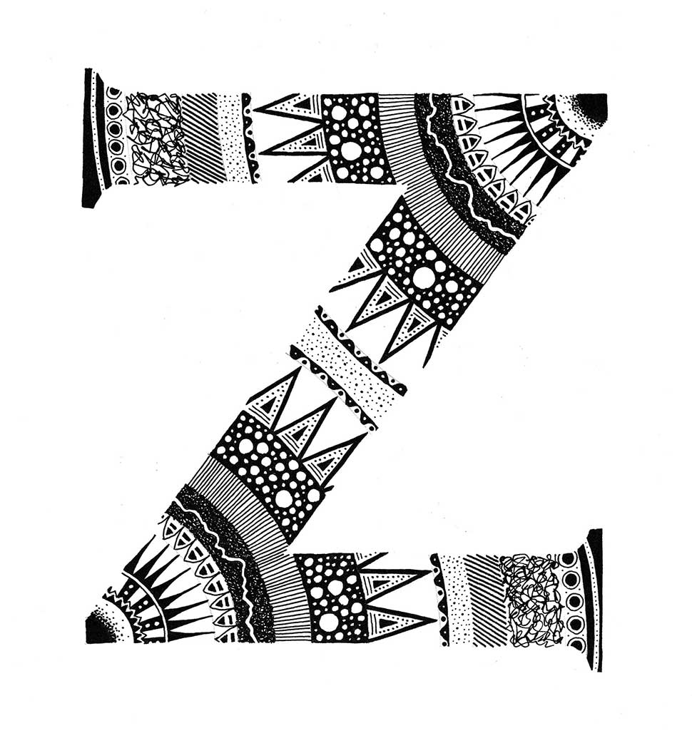A pen and ink drawing of the letter Z, using many different patterns and shapes.